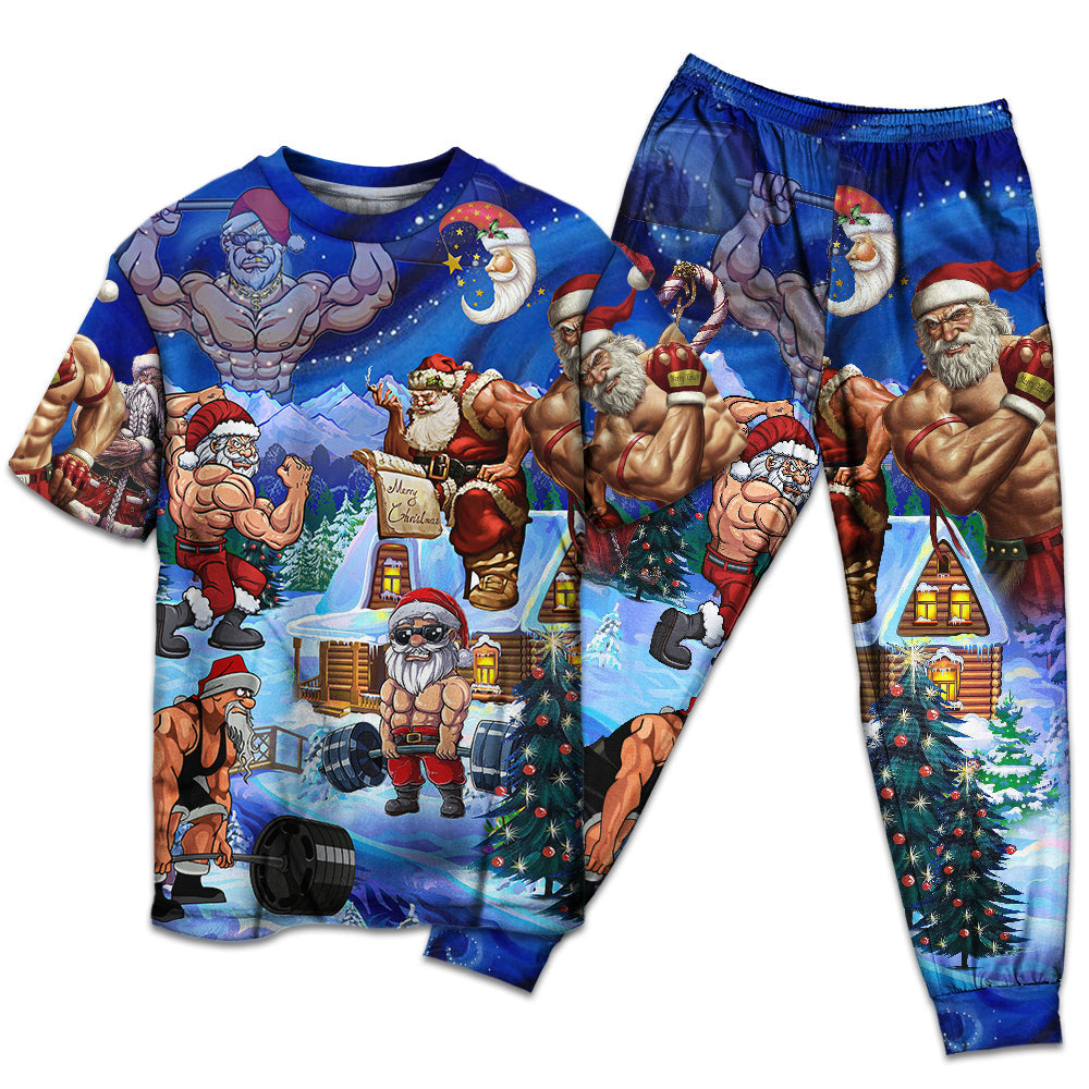 Strong Santa Christmas Short Sleeve Pajamas Set For Christmas Mornings And Relaxed Lounging