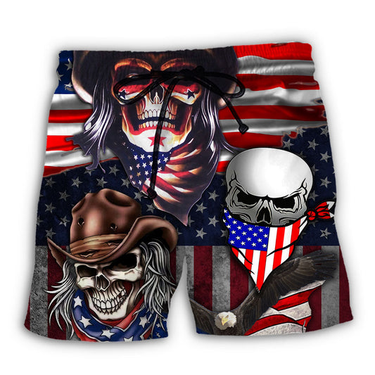 Cowboy Skull USA Independence Day Beach Shorts Design View For Poolside Relaxation And Holiday Trips