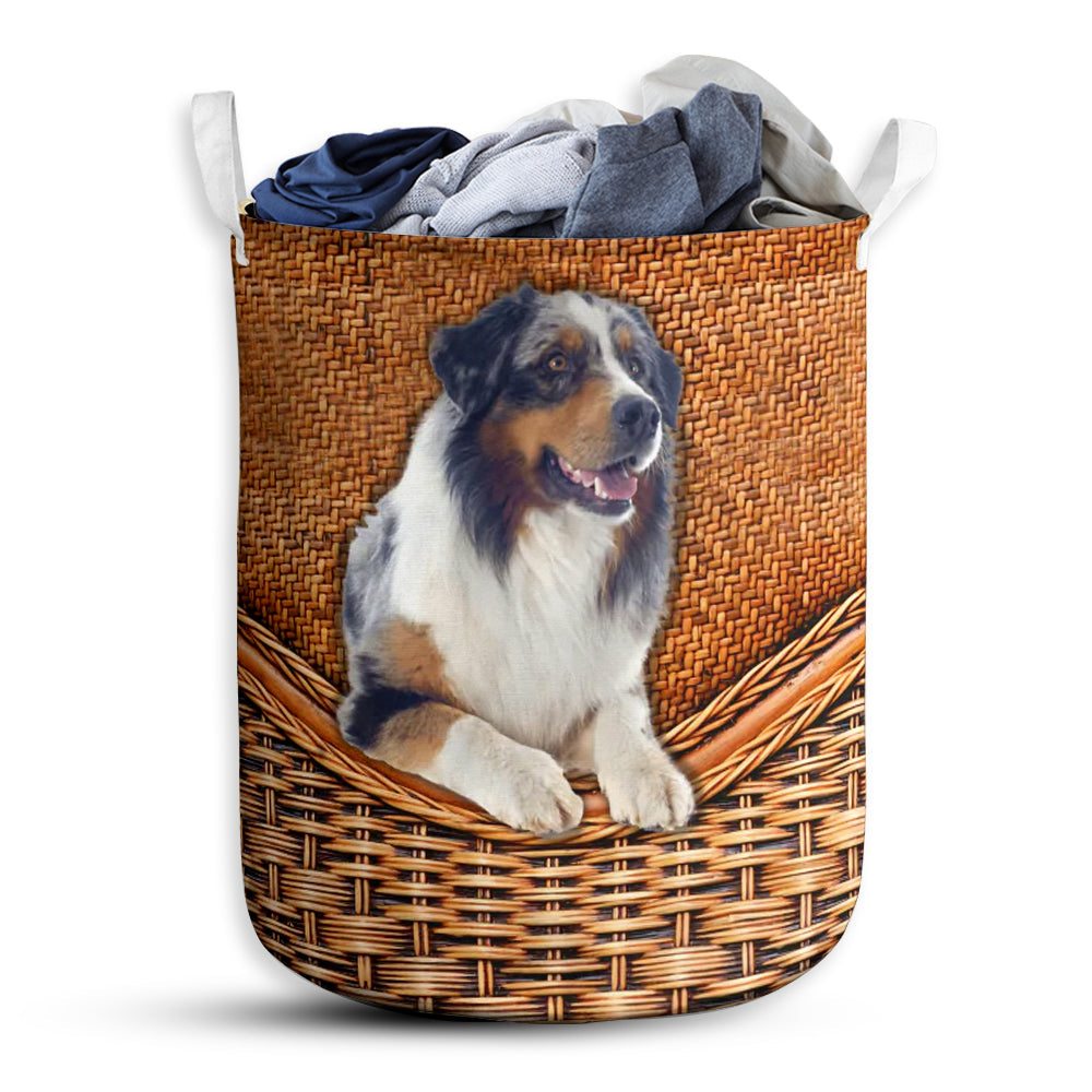 Small Size Australian Shepherd Dog Rattan Texture Laundry Basket For Bathroom Bedroom Storage