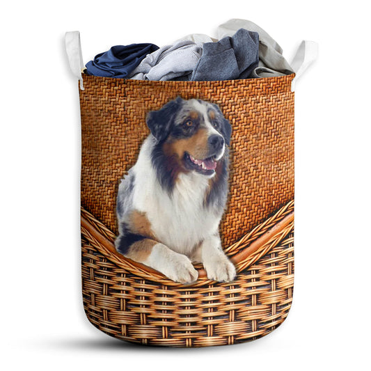 Small Size Australian Shepherd Dog Rattan Texture Laundry Basket For Bathroom Bedroom Storage