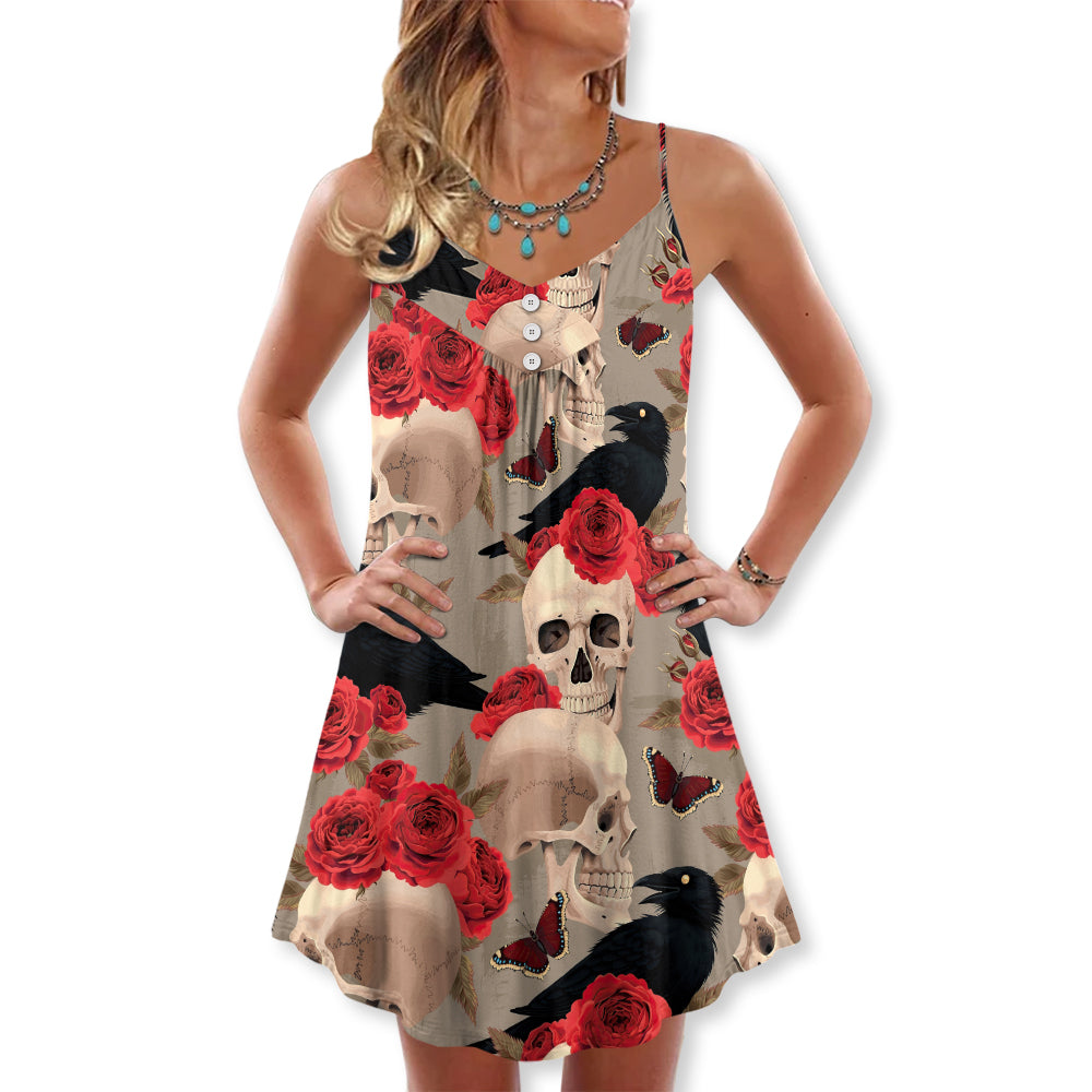 Gothic Skull Rose Raven V-Neck Sleeveless Cami Dress For Bold Summer Events Vacations And Artistic Casual Style