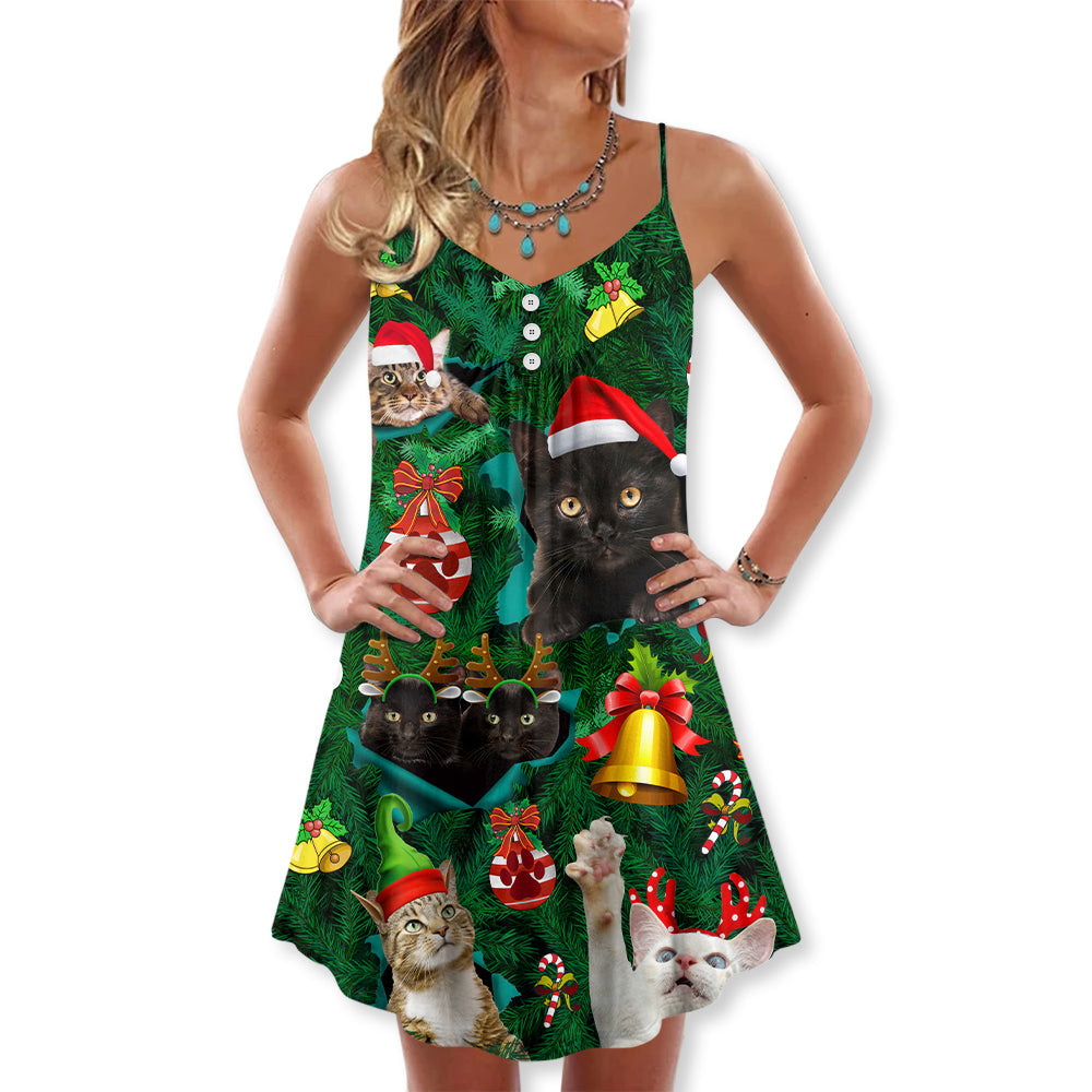 Christmas Cats Meowy Holiday V-Neck Sleeveless Cami Dress For Festivals Travel And Relaxed Casual Summer Wear