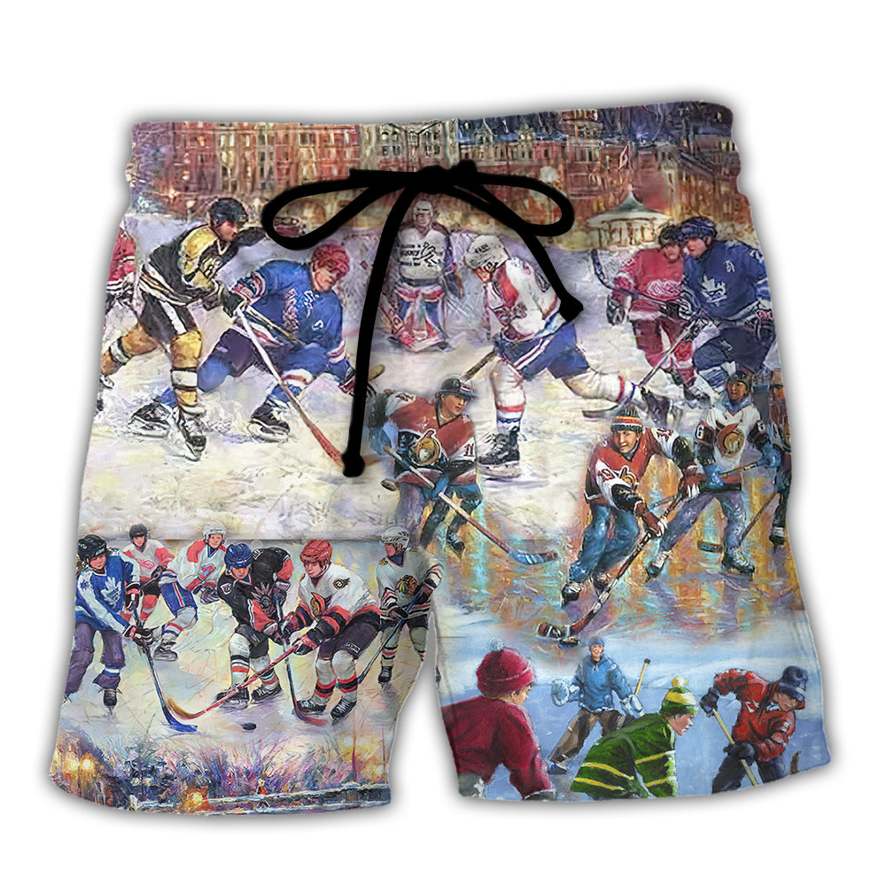 Ice Hockey Night Colorful Art Beach Shorts For Vacation Travel And Relaxed Outdoor Comfort