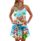 Santa Beach Holiday Fun V-Neck Sleeveless Cami Dress For Beach Trips Parties And Relaxed Warm Weather Style