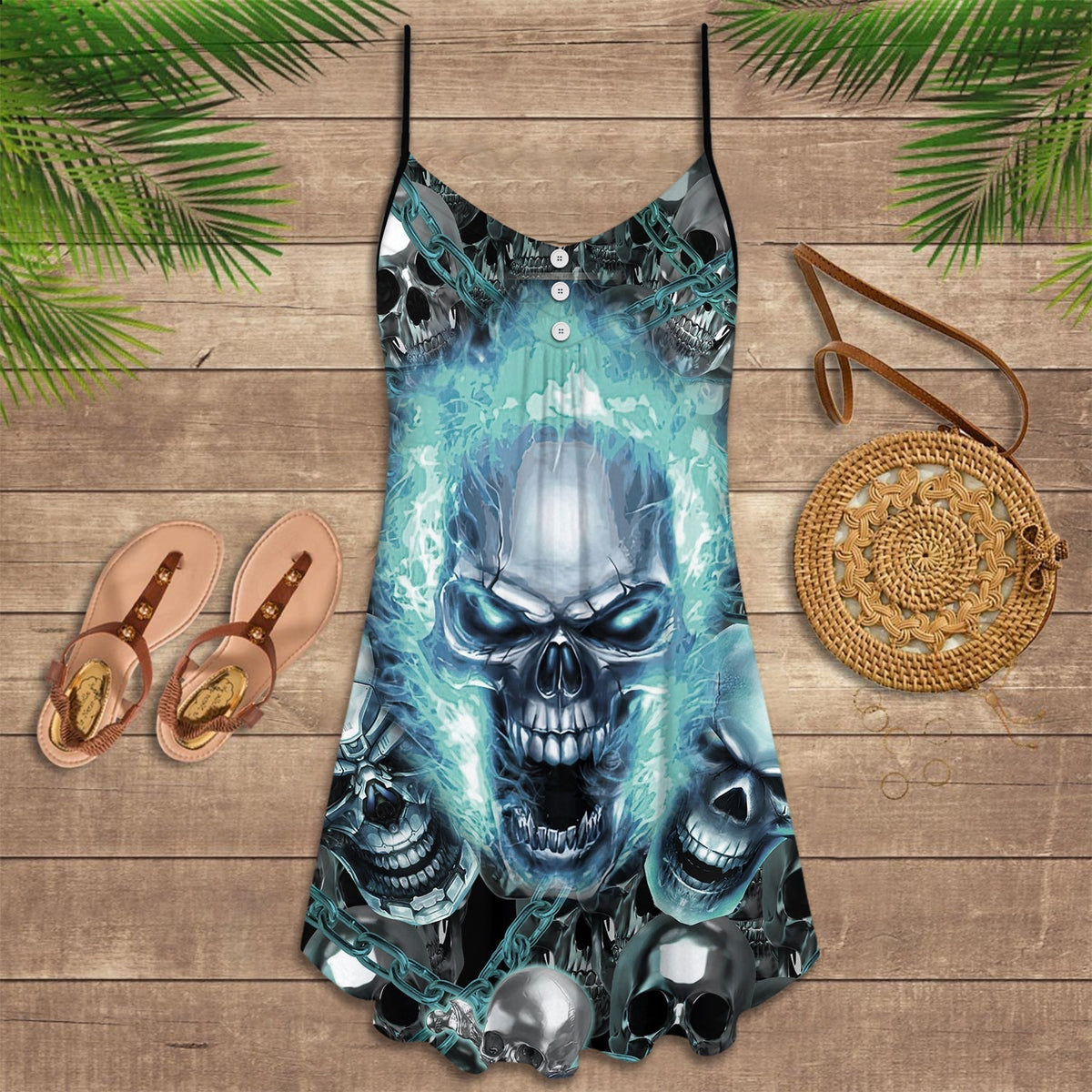 Skull Screaming Blue V-Neck Sleeveless Cami Dress For Dark Art Lovers And Thoughtful Gifting