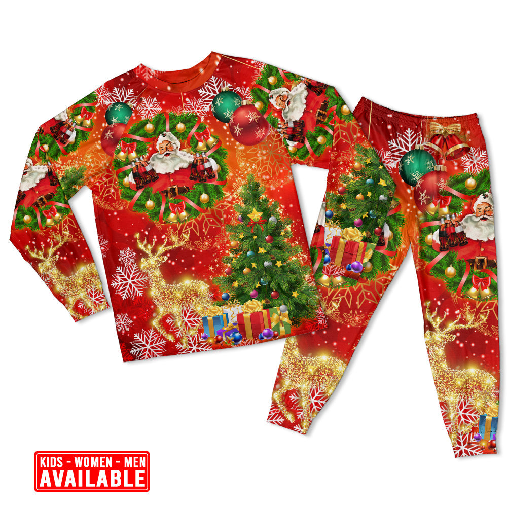 Santa Holiday Drink And Christmas Tree Long Sleeve Pajamas Set For Christmas Sleepwear And Family Lounging