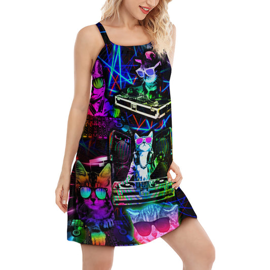 Cat DJ Life V-Neck Sleeveless Cami Dress For Parties And Relaxed Warm Weather Outfits