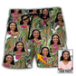 Woman Face Tropical Leaves Beach Shorts Design Detail For Resort And Beach Day Style