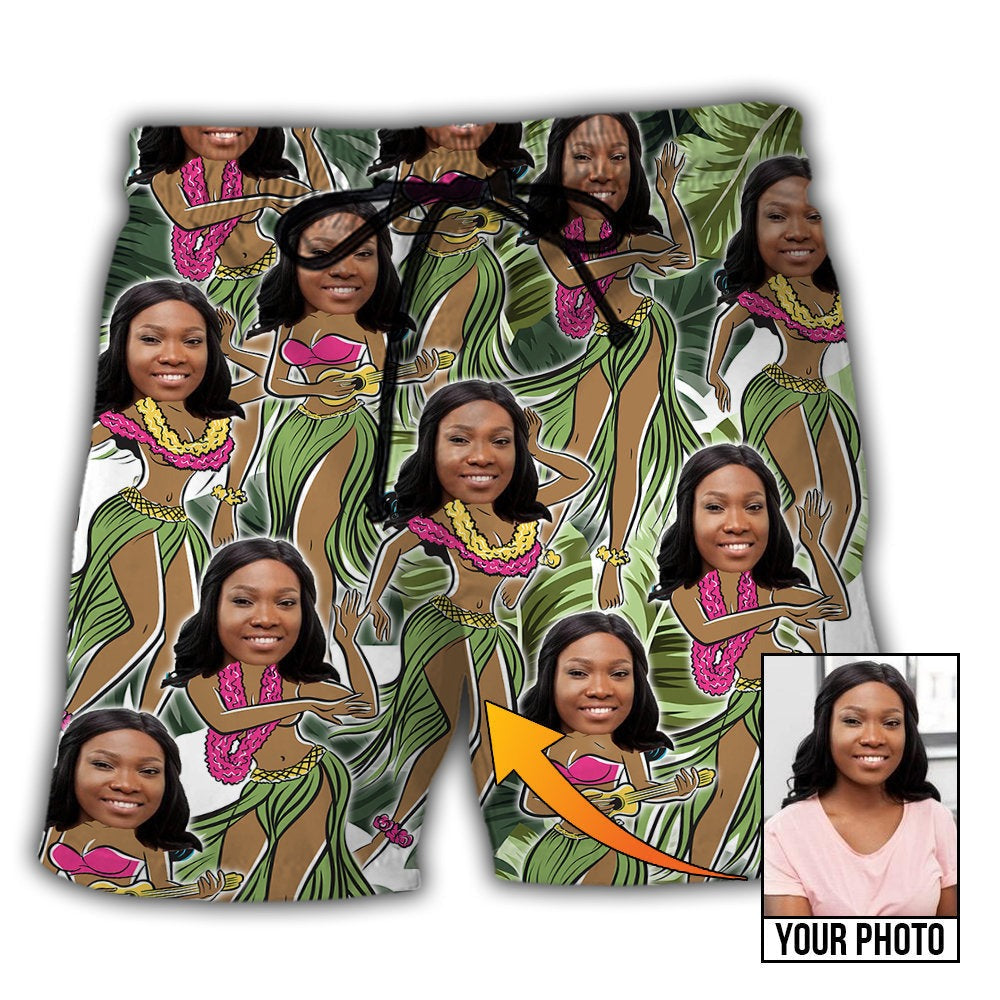 Woman Face Tropical Leaves Beach Shorts Design Detail For Resort And Beach Day Style