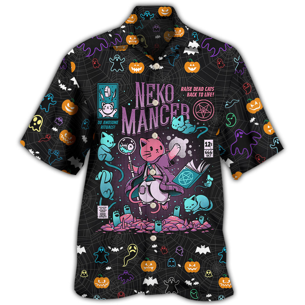 Halloween Mystic Cat Necromancer Hawaiian Shirt Graphic Artwork Detail For Coastal Travel
