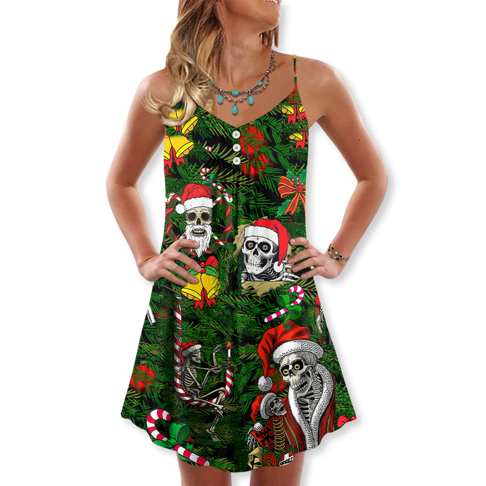 Christmas Skull Merry Holiday V-Neck Sleeveless Cami Dress For Summer Events And Comfortable Everyday Style