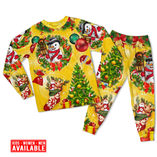 Happy Snowman Christmas Tree Lights Long Sleeve Pajamas Set For Festive Sleepovers And Family Photos