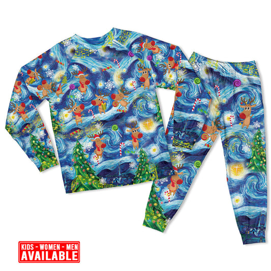 Happy Dancing Reindeer Christmas Long Sleeve Pajamas Set For Winter Nights And Thoughtful Gifting