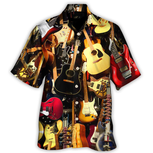 Classic Vintage Guitar Hawaiian Shirt Pattern View For Relaxed Warm Weather Outfits