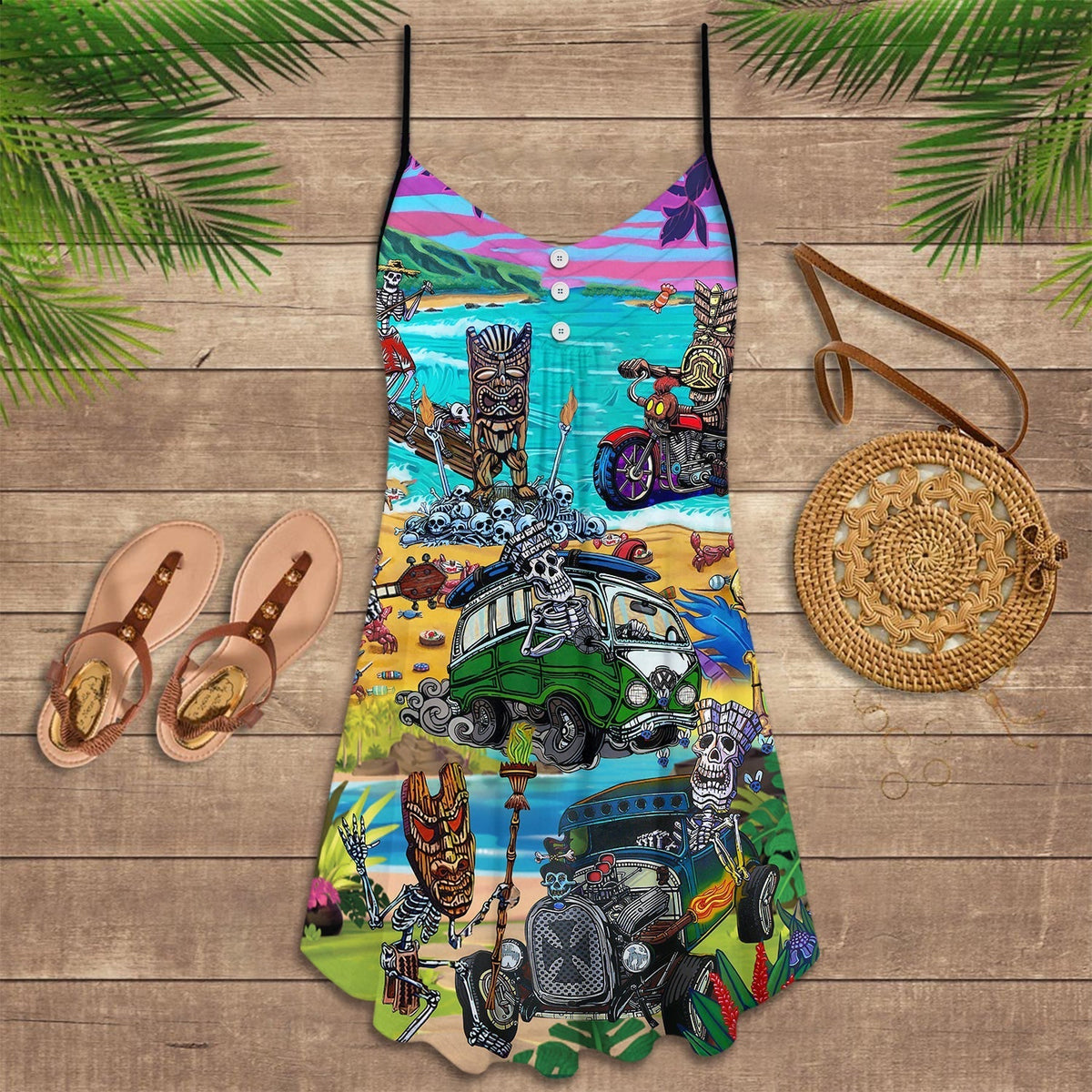 Skull And Tiki Beach V-Neck Sleeveless Cami Dress For Dark Art Lovers And Thoughtful Gifting