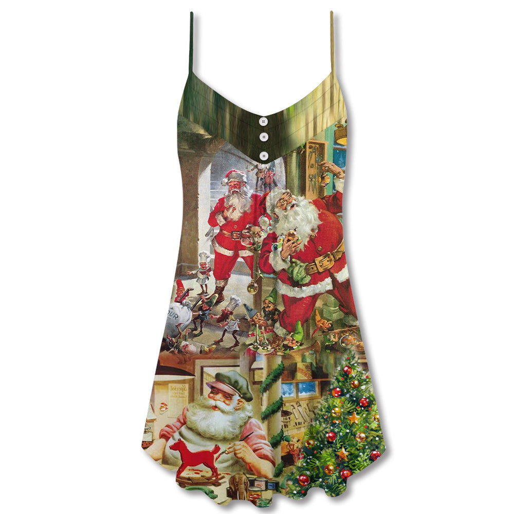 Christmas Santa Toy Workshop Theme V-Neck Sleeveless Cami Dress For Festive Events And Casual Summer Styling