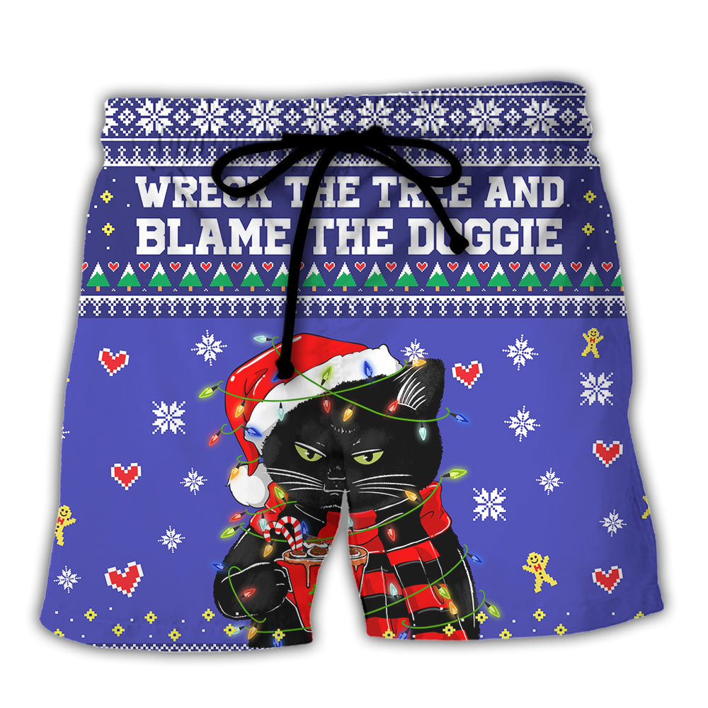 Black Cat Wreck The Tree Merry Christmas Beach Shorts For Seasonal Summer Travel