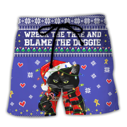 Black Cat Wreck The Tree Merry Christmas Beach Shorts For Seasonal Summer Travel
