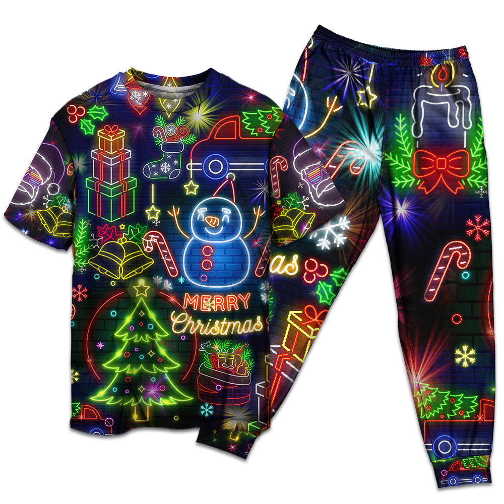 Bright Neon Christmas Lights Short Sleeve Pajamas Set For Winter Nights And Thoughtful Gifting
