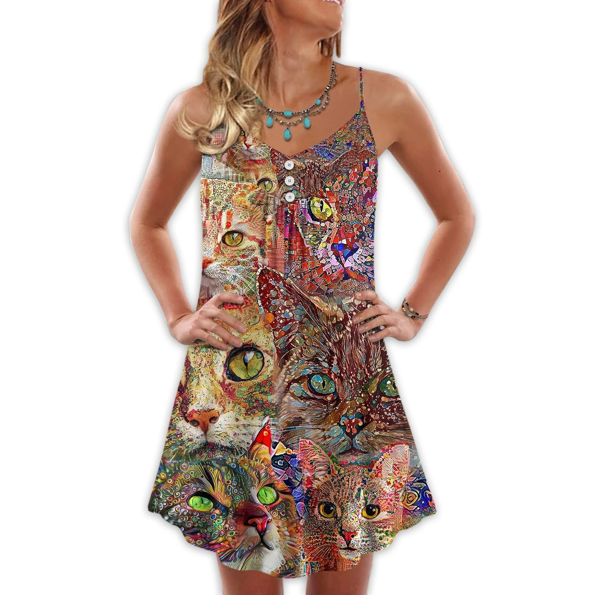 Colorful Cat Art Lover V-Neck Sleeveless Cami Dress For Vacations And Casual Warm Weather Wear
