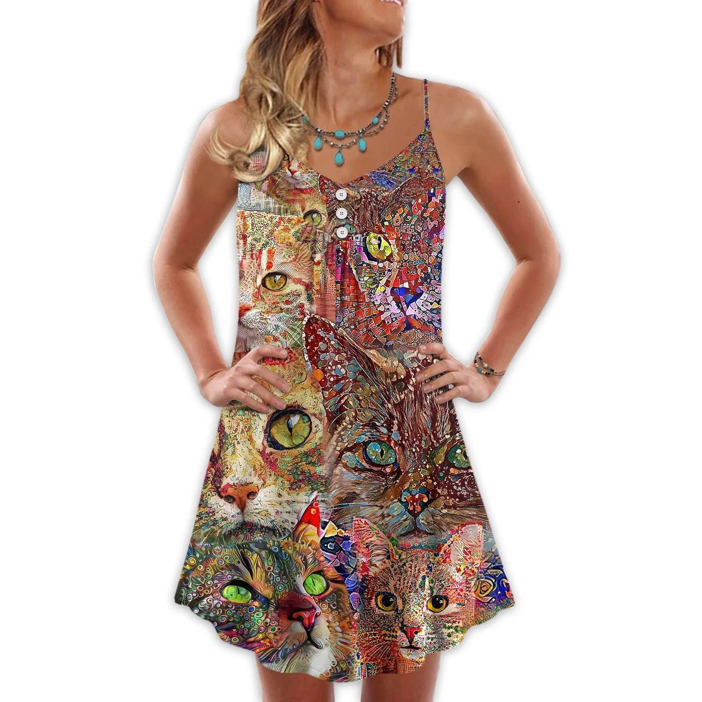 Colorful Cat Art Lover V-Neck Sleeveless Cami Dress For Vacations And Casual Warm Weather Wear