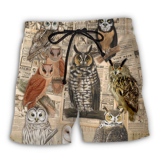 Vintage Owl Paper Beach Shorts For Summer Festivals And Warm Weather Wardrobe
