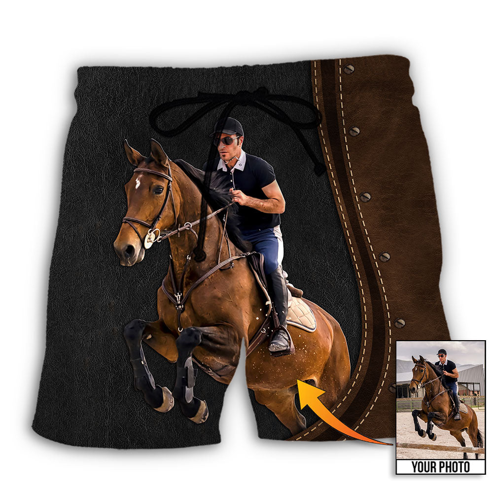 Horse Riding Leather Style Personalized Photo Beach Shorts Graphic Detail For Resort Trips And Casual Outings
