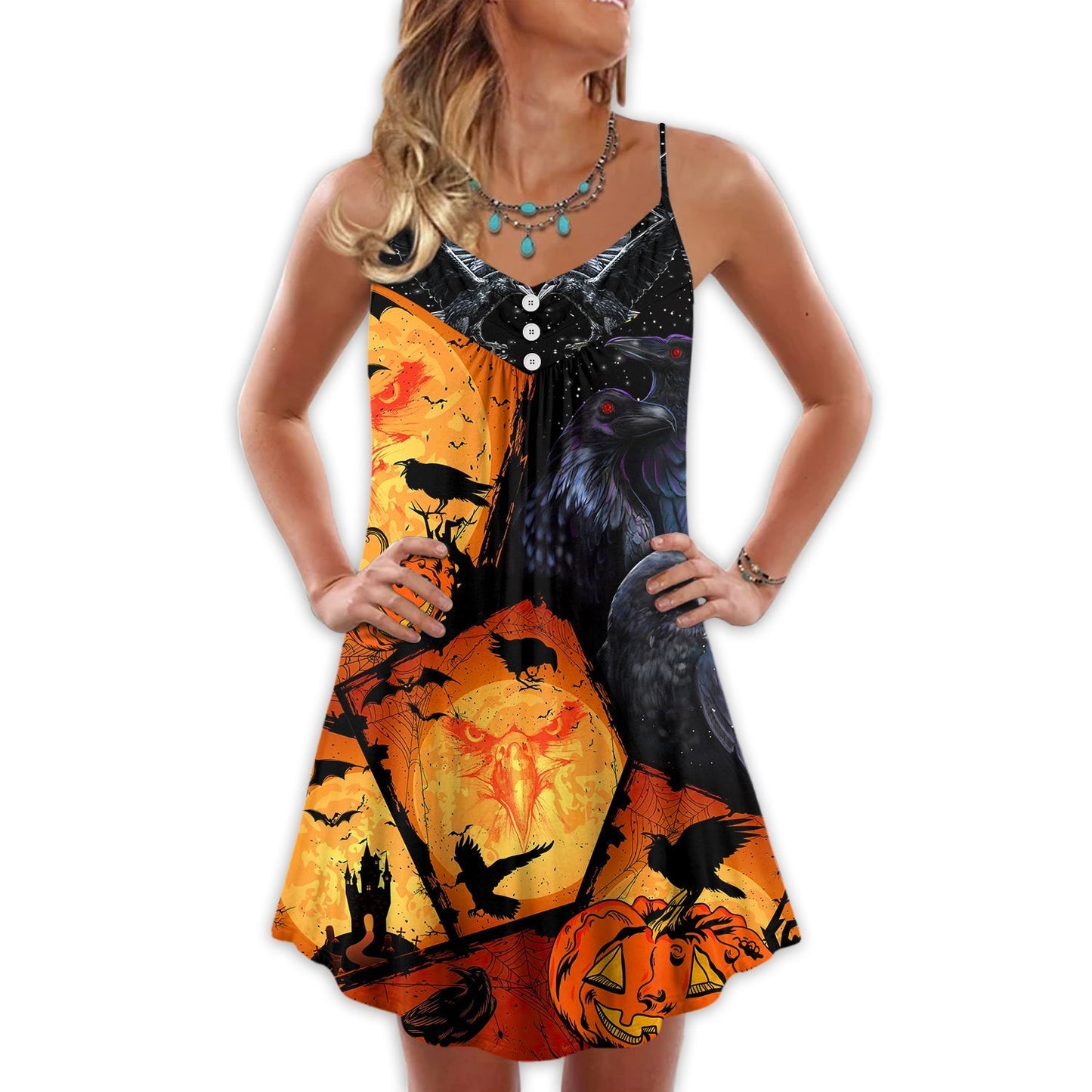 Halloween Raven Pumpkin Scary V-Neck Sleeveless Cami Dress For Festivals Travel And Relaxed Casual Summer Wear