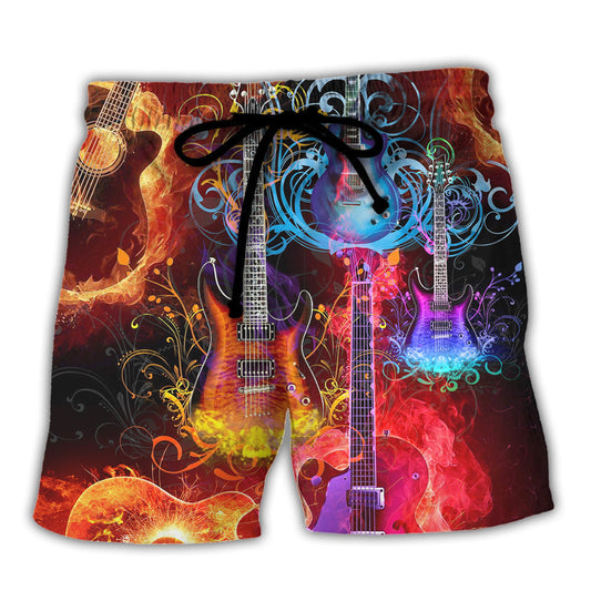 Colorful Acoustic Guitar Music Lover Beach Shorts Pattern Detail For Sunny Outdoor Activities