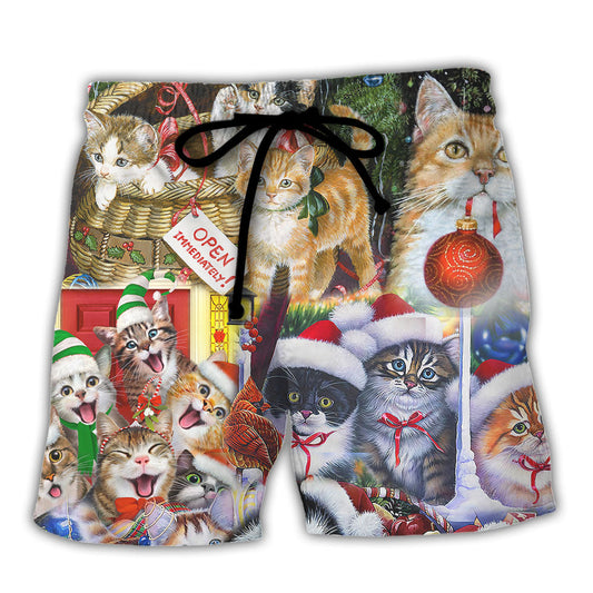 Christmas Cat Festive Beach Shorts Design Detail For Seasonal Resort Style