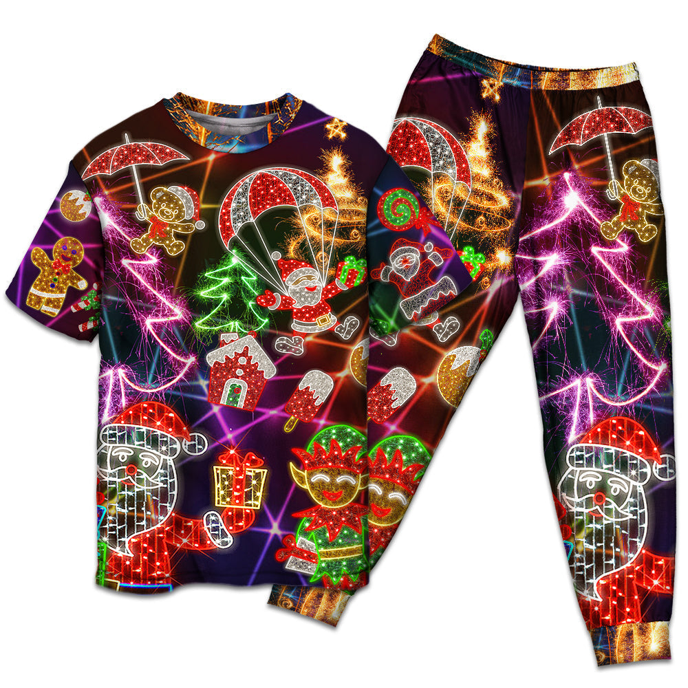 Santa Christmas Tree Elf And Gingerbread Short Sleeve Pajamas Set For Christmas Sleepwear And Family Lounging