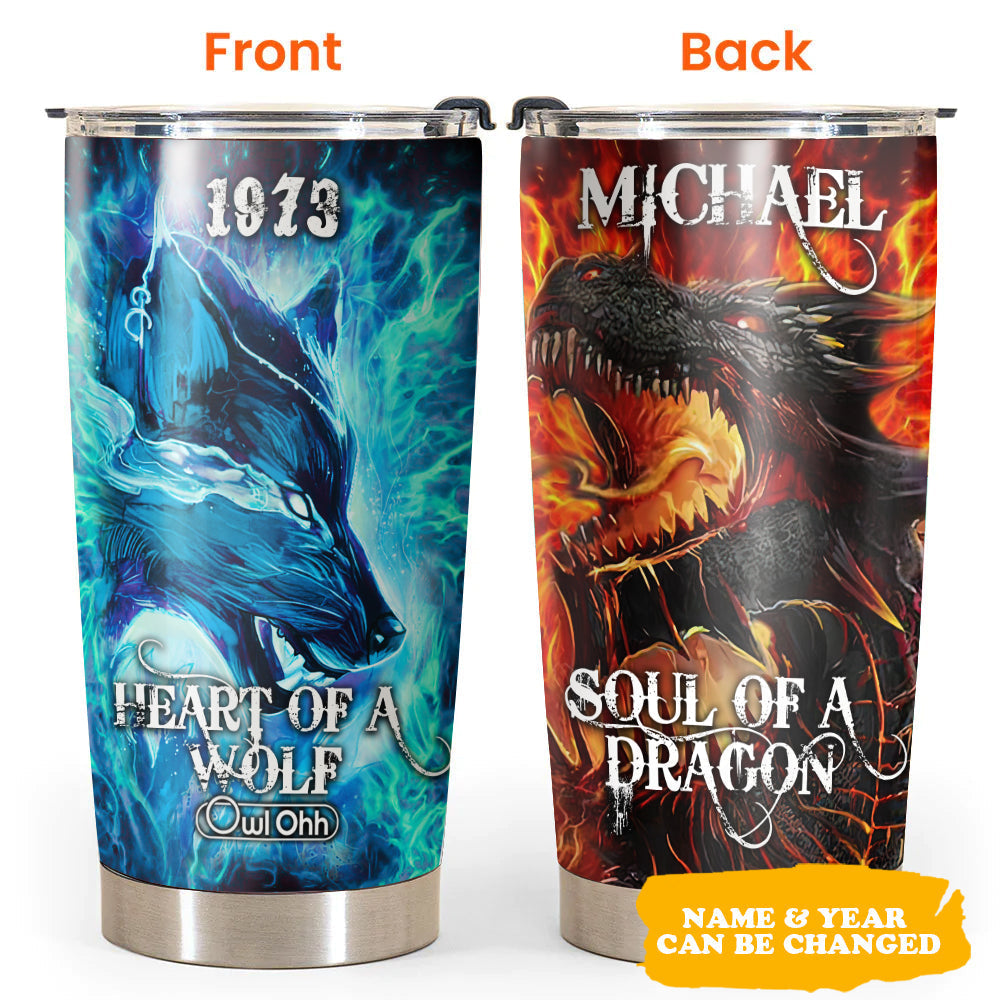 Wolf Heart Of A Wolf Soul Of A Dragon Personalized 20 Oz Tumbler For Coffee Travel And Daily Drinks
