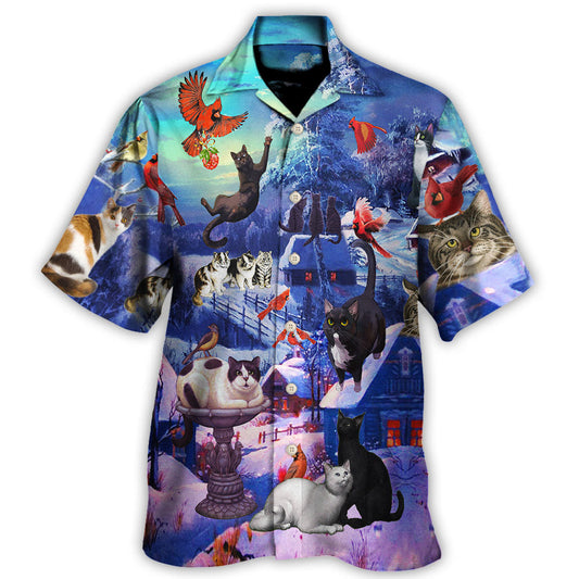 Cats Watching Cardinal Birds Hawaiian Shirt For Summer Vacation Beach Travel And Relaxed Casual Wear