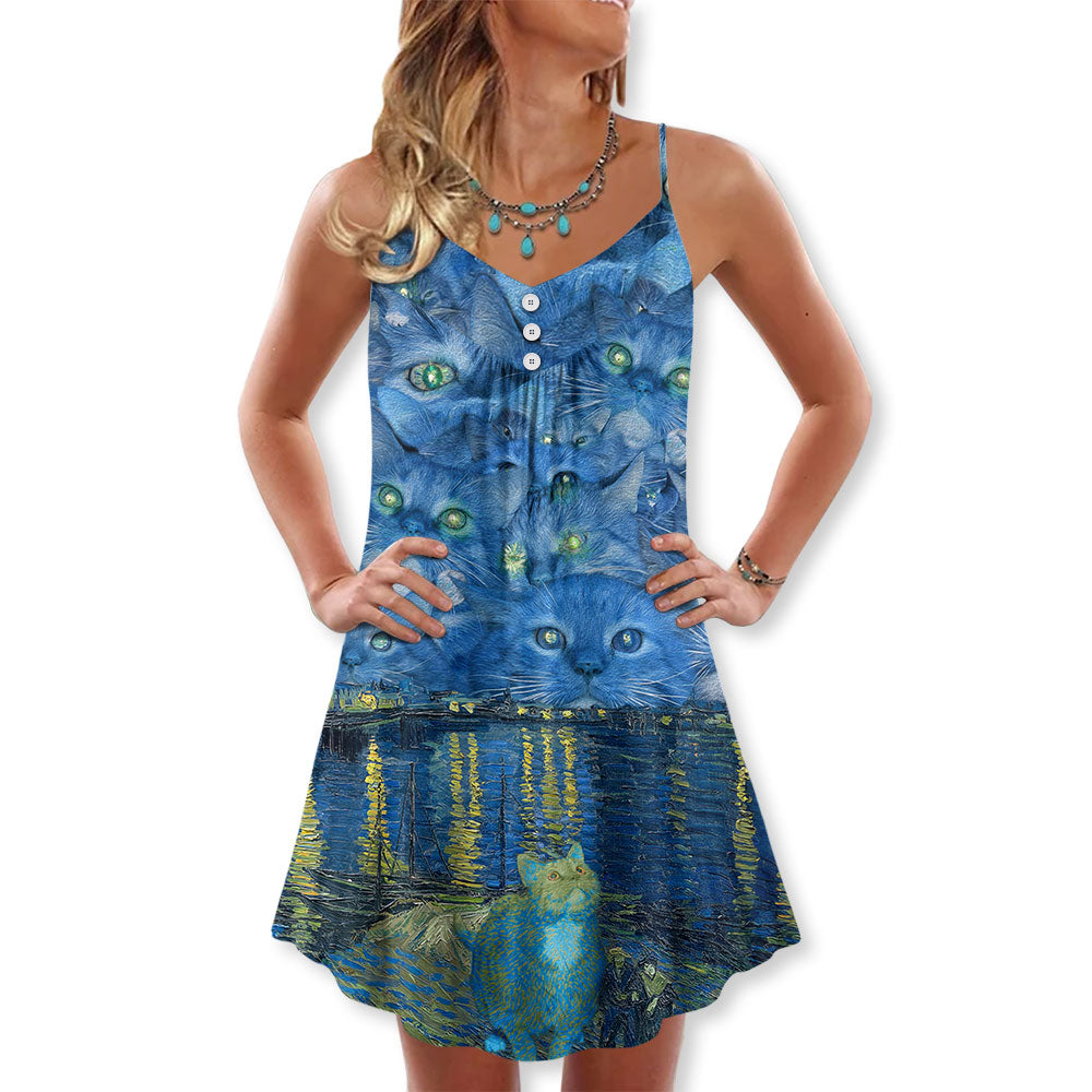 Cat Starry Night Art V-Neck Sleeveless Cami Dress For Vacations Outdoor Events And Cheerful Casual Fashion