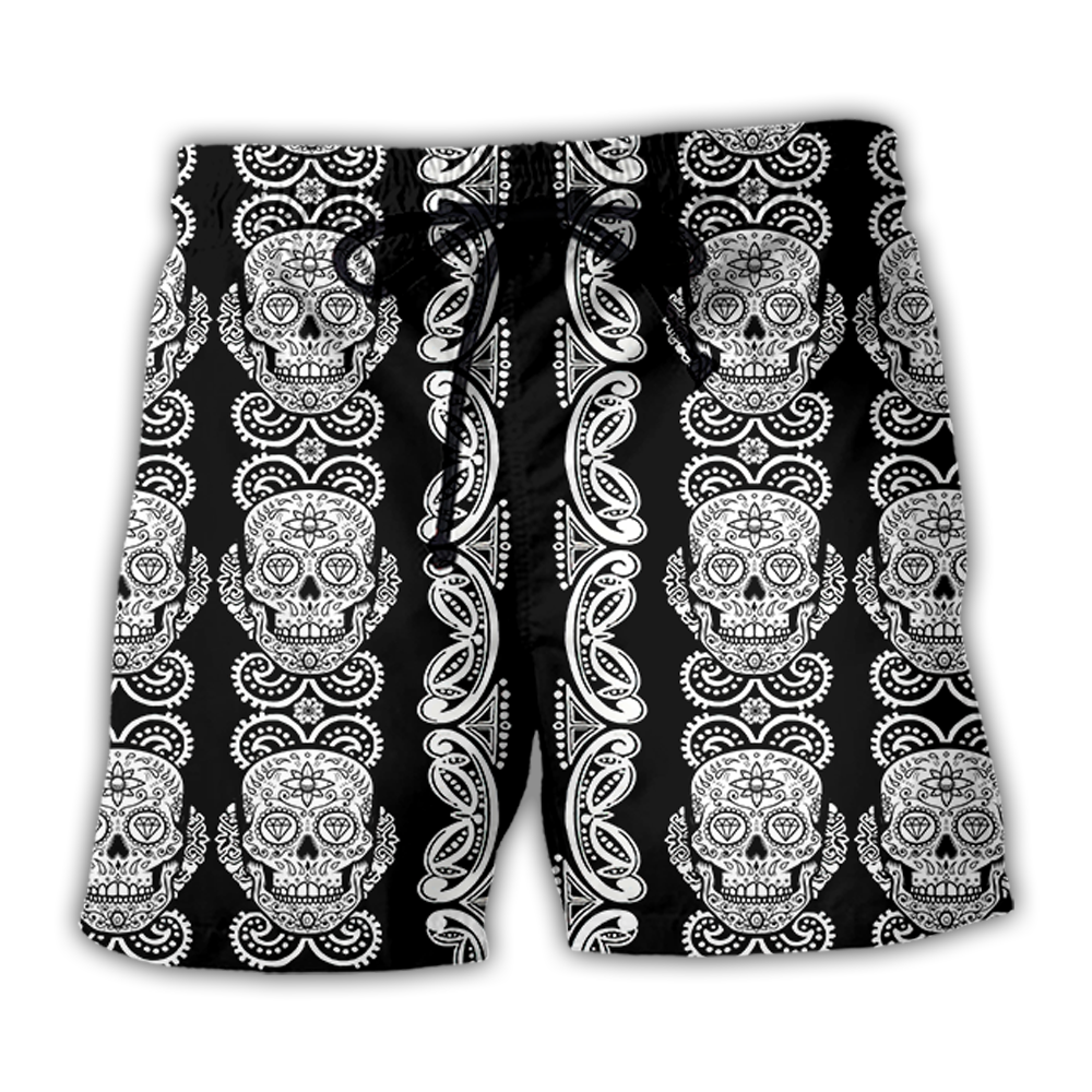 Skull Diamond Black White Pattern Beach Shorts For Halloween Vacation And Festival Style