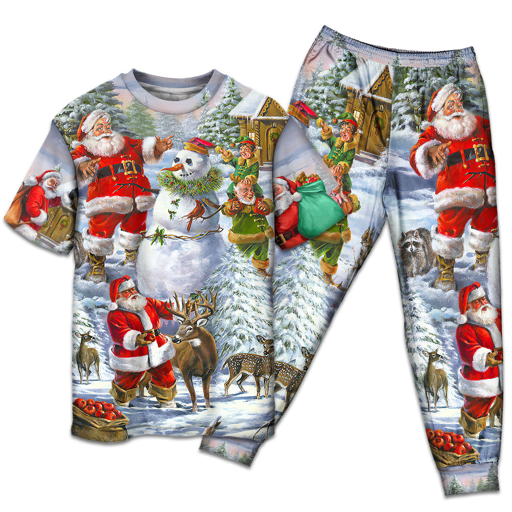 Happy Santa Snowman And Elf Short Sleeve Pajamas Set For Holiday Bedtime And Cozy Home Wear