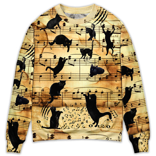 Black Cat Music Notes Sweater For Live Events Travel And Relaxed Creative Outfits