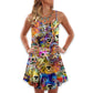 Dog Painting Memory Art Style V-Neck Sleeveless Cami Dress For Festivals Parties And Fun Warm Weather Outfits