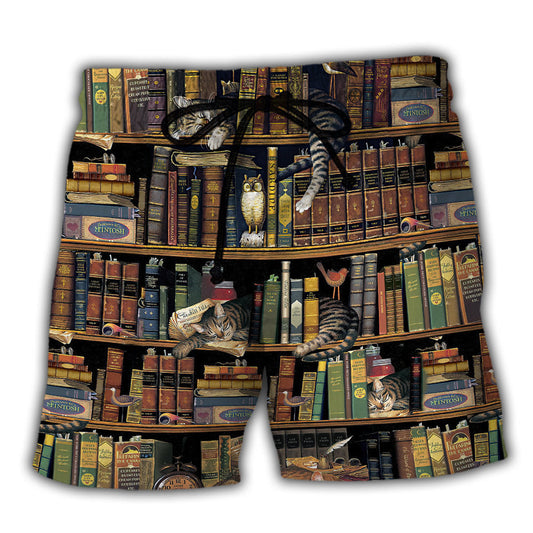 Book And Cat Vintage Lover Beach Shorts Design View For Summer Events And Coastal Getaways