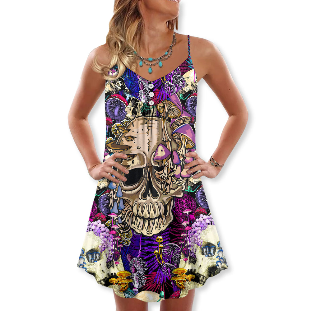 Skull Mushroom Psychedelic Magic V-Neck Sleeveless Cami Dress For Summer Events And Comfortable Everyday Style