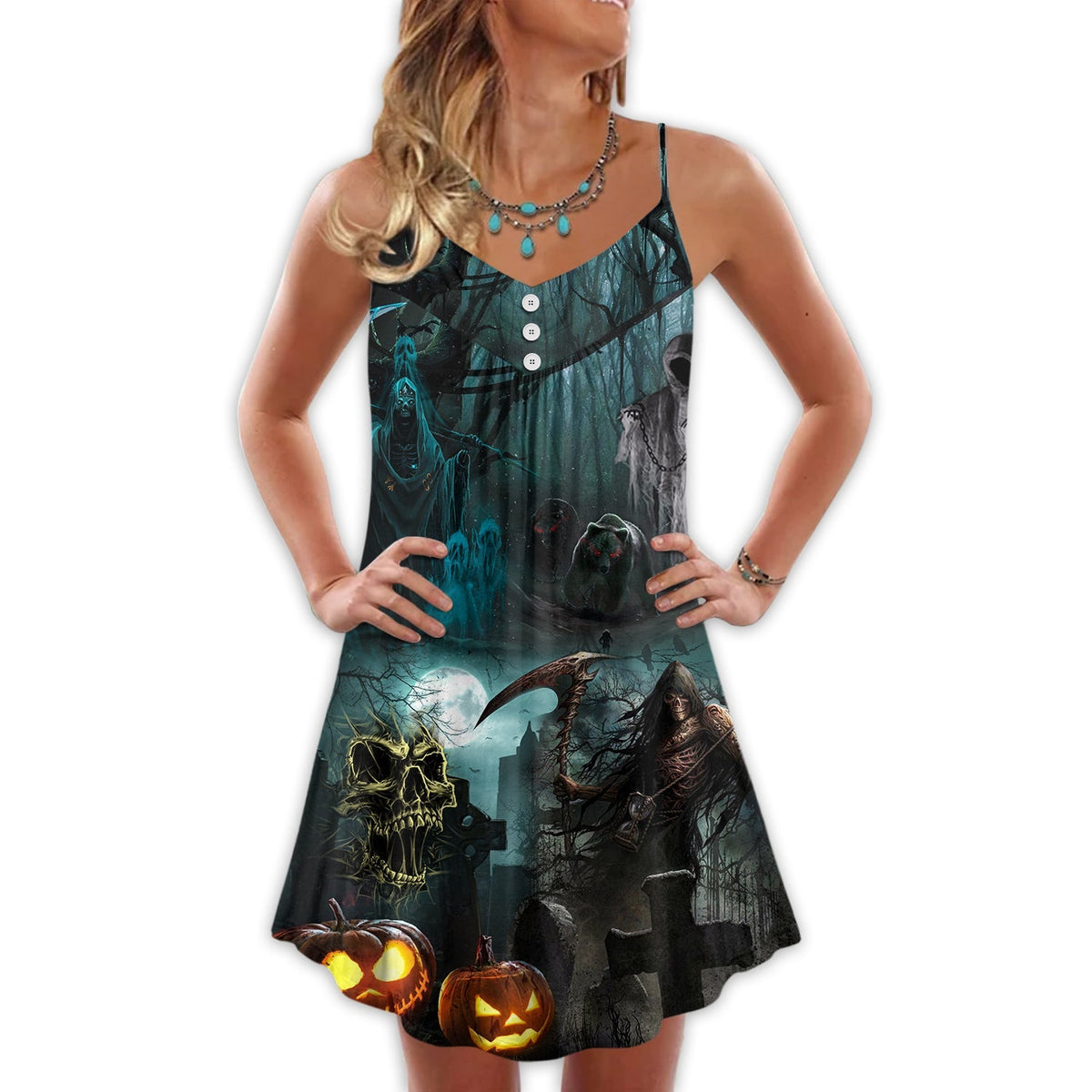 Halloween Ghost Dark Pumpkin Scary V-Neck Sleeveless Cami Dress For Summer Events And Comfortable Everyday Style