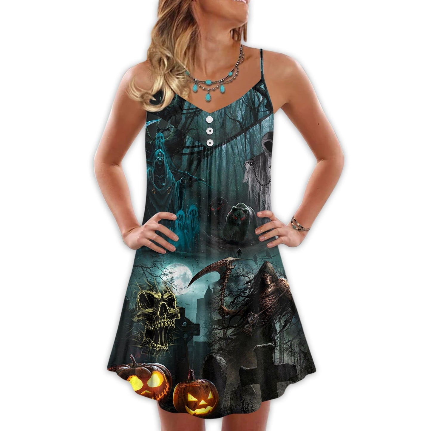 Halloween Ghost Dark Pumpkin Scary V-Neck Sleeveless Cami Dress For Summer Events And Comfortable Everyday Style