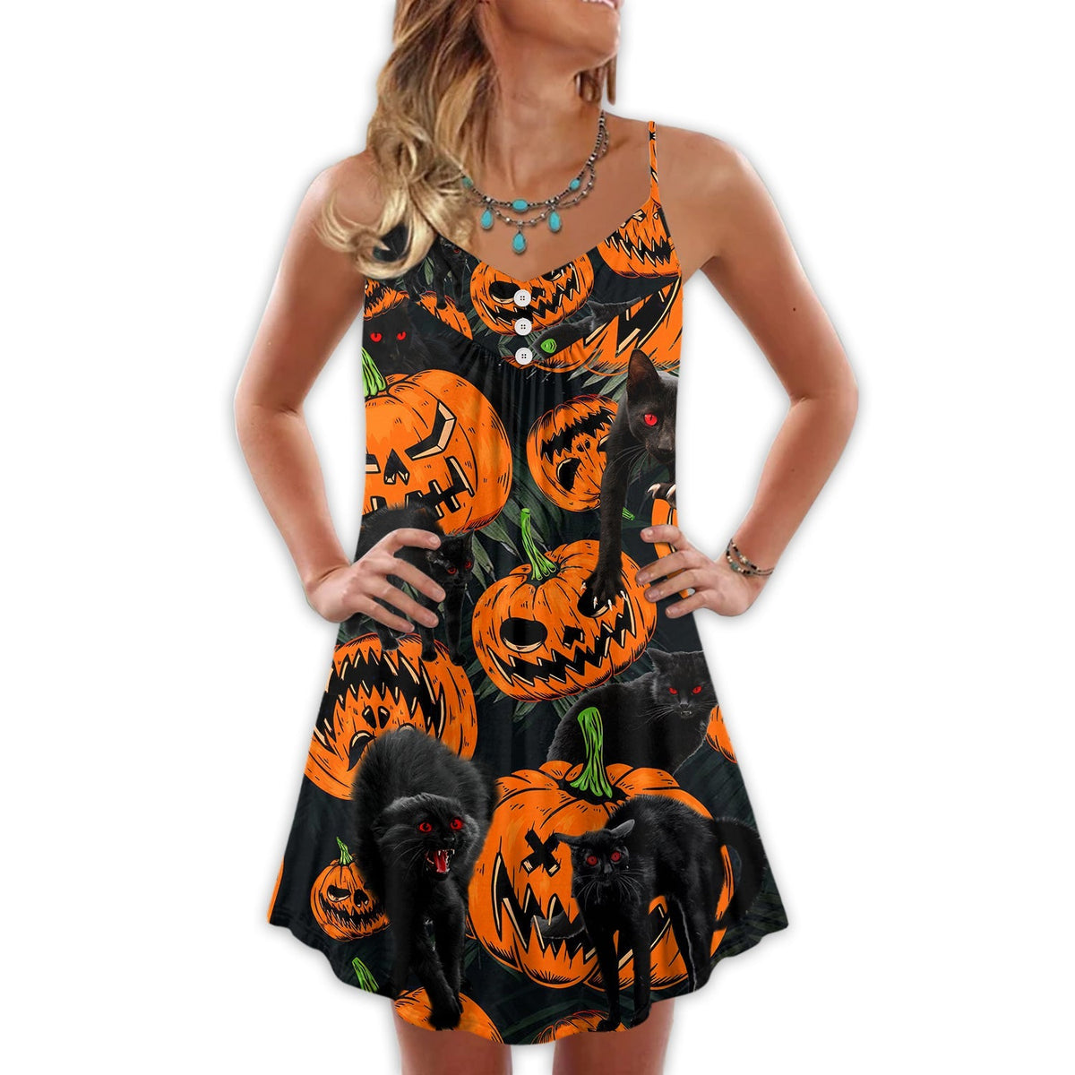 Halloween Black Cat Pumpkin Scary Tropical V-Neck Sleeveless Cami Dress For Summer Events And Comfortable Everyday Style