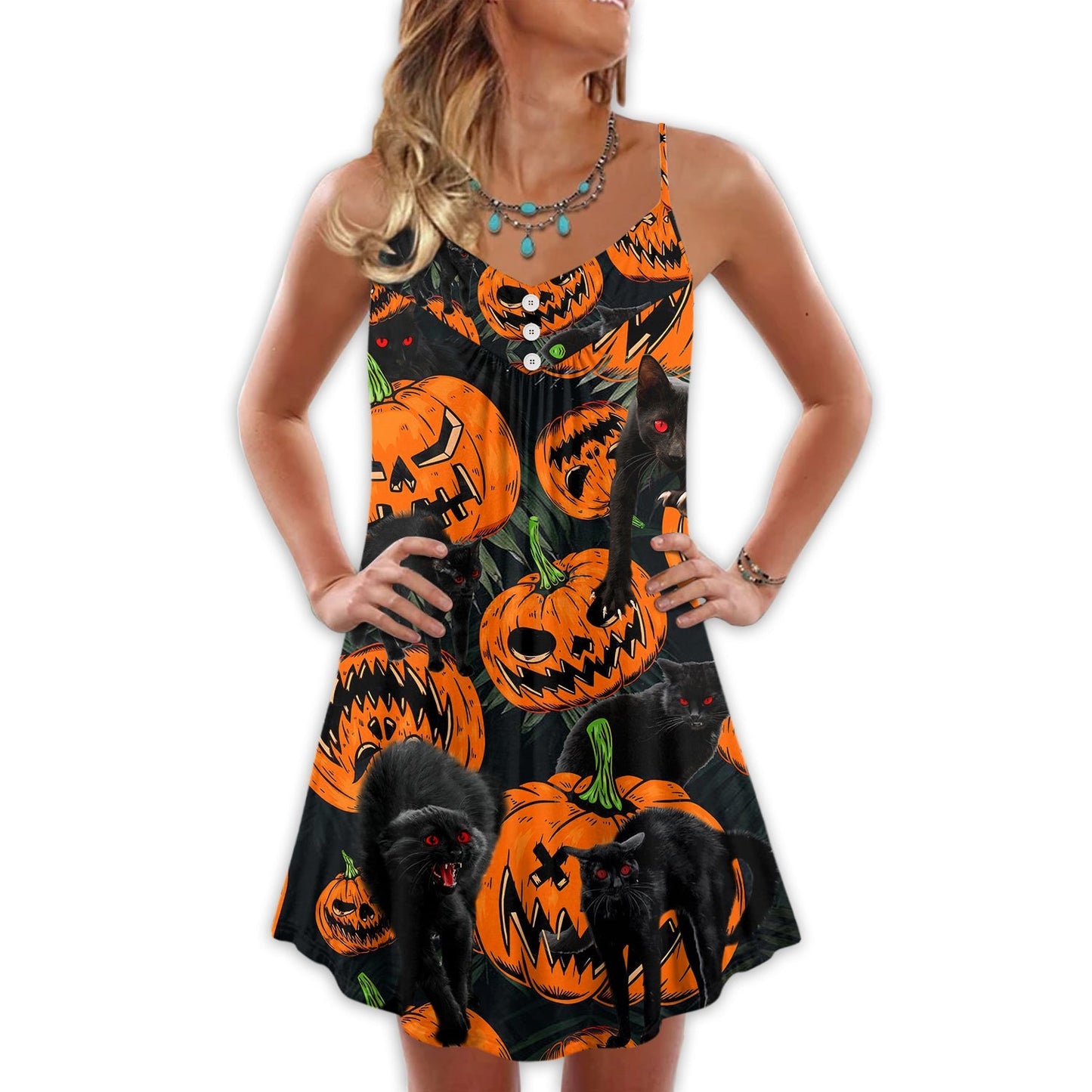 Halloween Black Cat Pumpkin Scary Tropical V-Neck Sleeveless Cami Dress For Summer Events And Comfortable Everyday Style