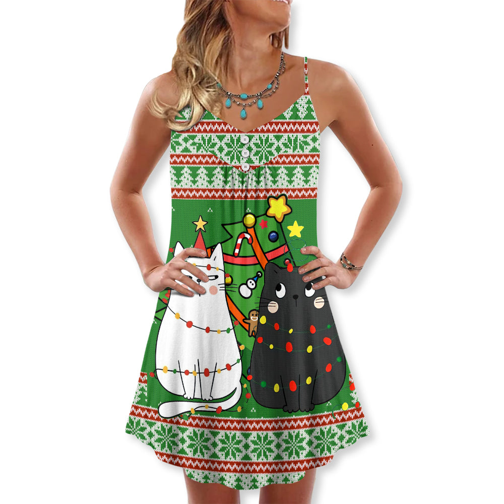 Christmas Meowy Cat Tree Fun V-Neck Sleeveless Cami Dress For Festive Events And Casual Summer Styling