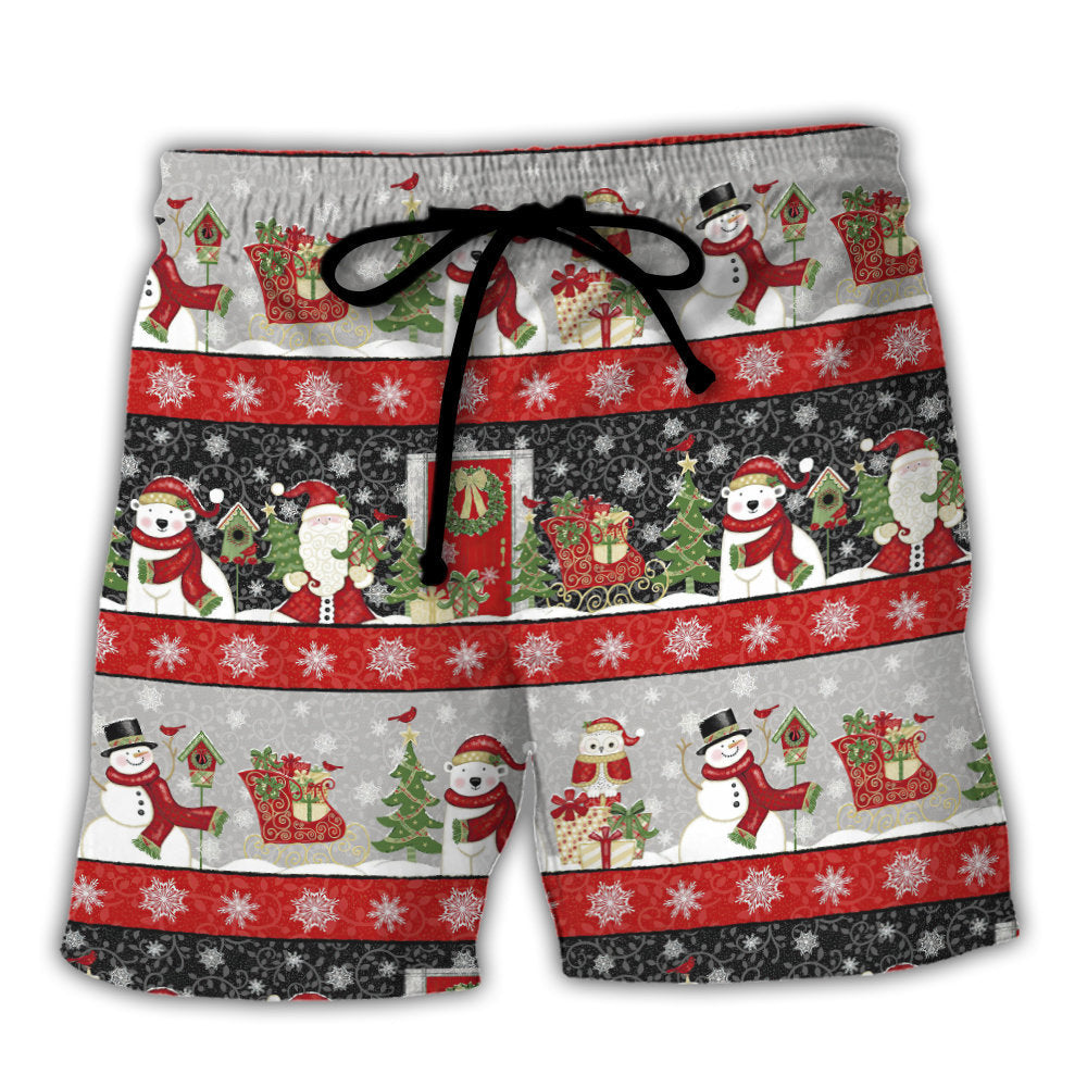 Christmas Santa And Snowman Beach Shorts Pattern View For Warm Weather Holiday Outfits