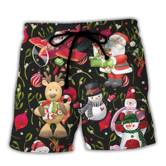 Christmas Joyful Santa And Snowman Beach Shorts For Festive Vacation And Holiday Travel