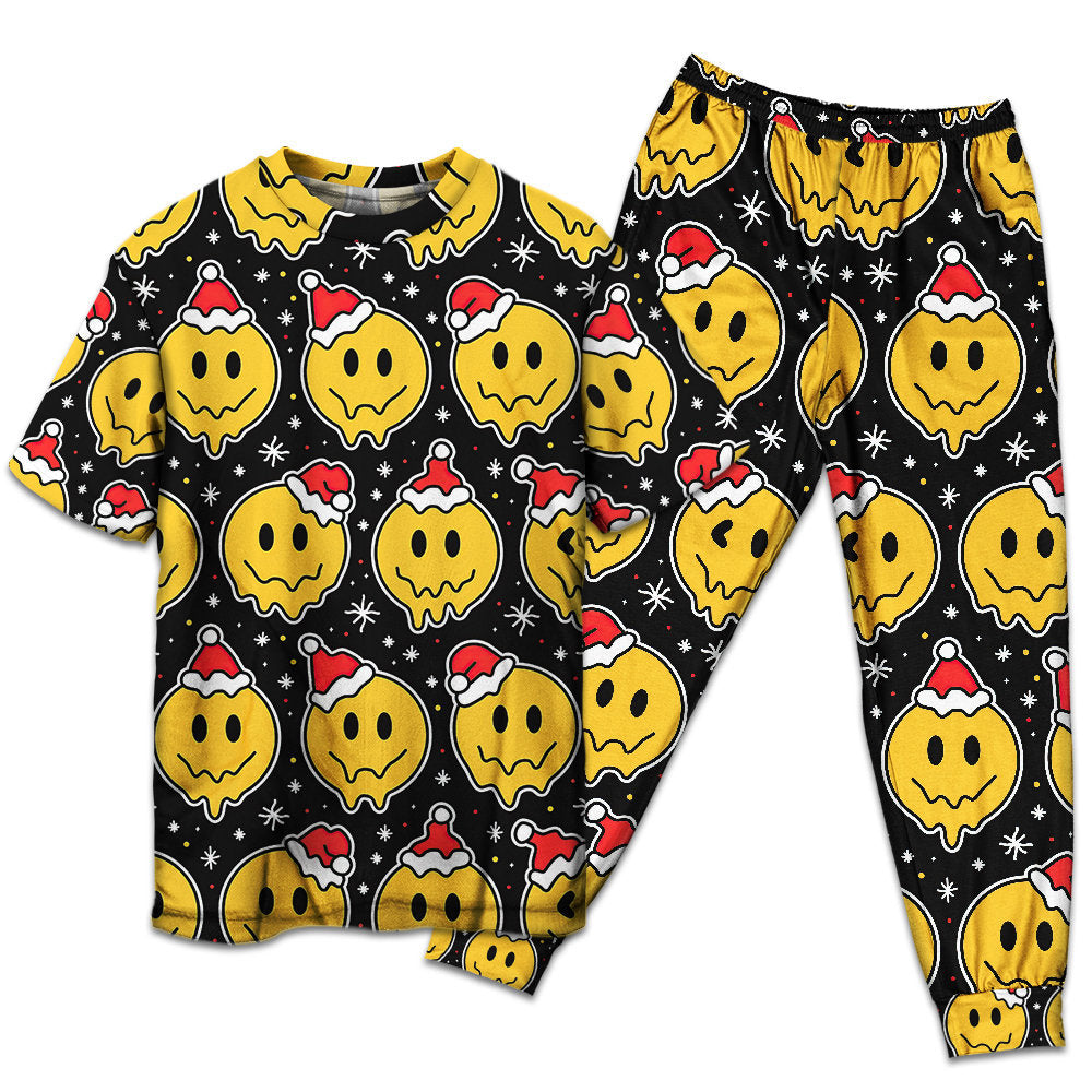 Smiling Face With Santa Hat Christmas Short Sleeve Pajamas Set For Holiday Bedtime And Cozy Home Wear