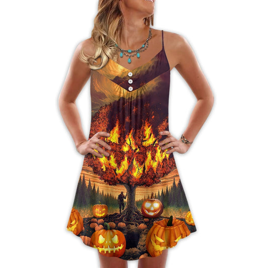 Halloween Burning Pumpkin Night – Women's Summer Sleeveless V-Neck Camisole Dress