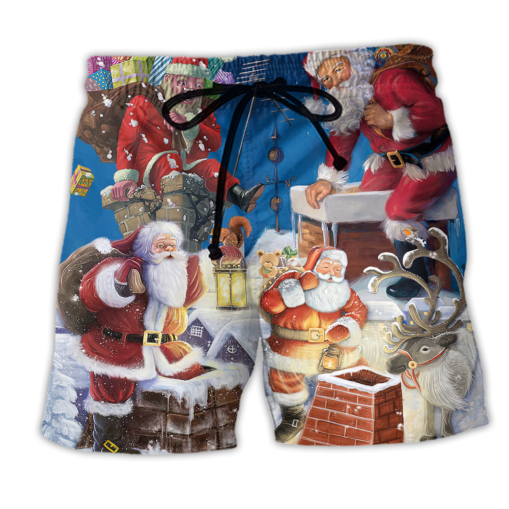 Santa Journey Christmas Adventure Beach Shorts Artwork Detail For Casual Warm Weather Outfits